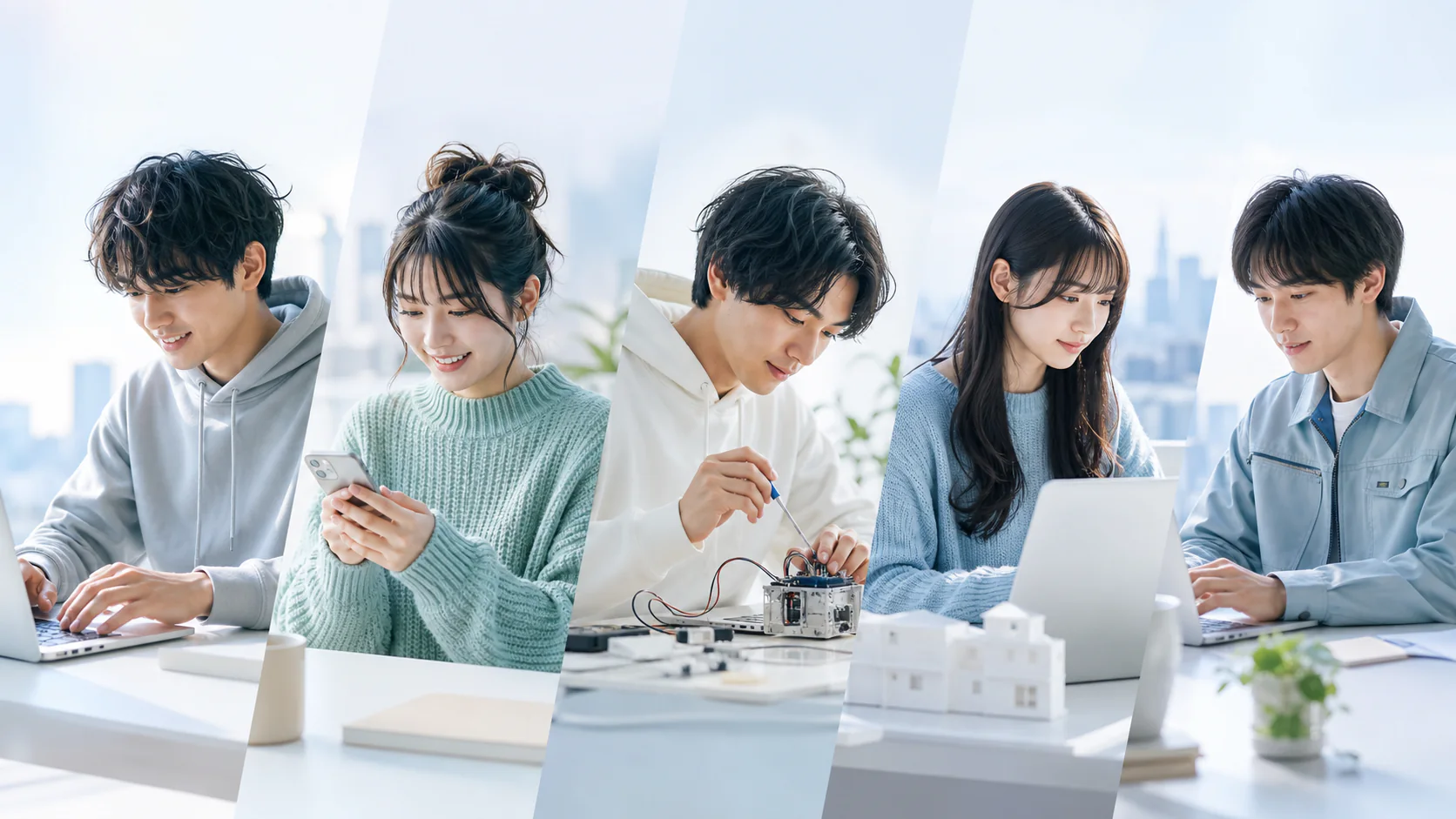 パソコンやスマートフォンを使い、それぞれの道具を作る若い男女5人